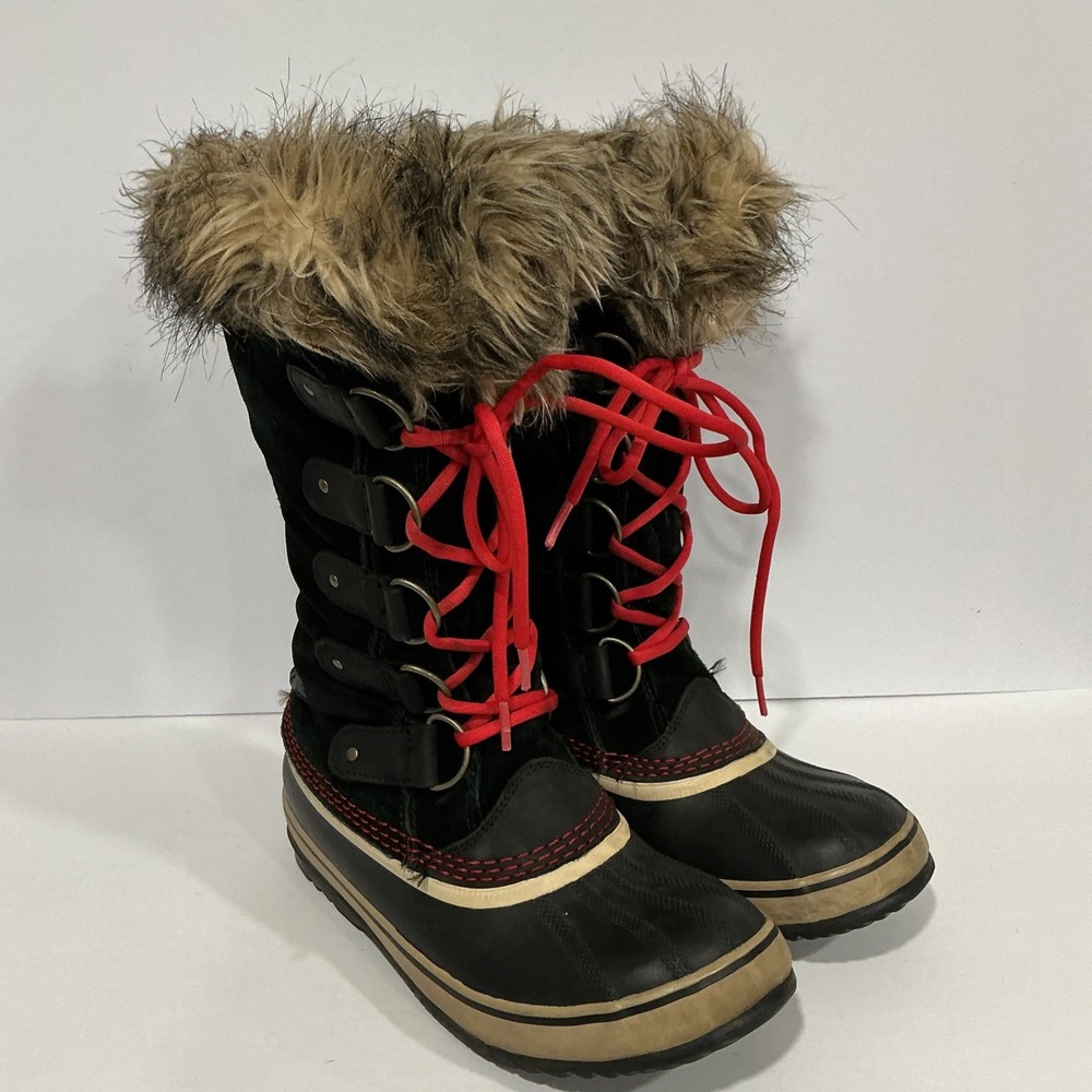 Sorel Joan of Arctic Boots, Black Red, Womens Size 8.5, Waterproof Winter Snow